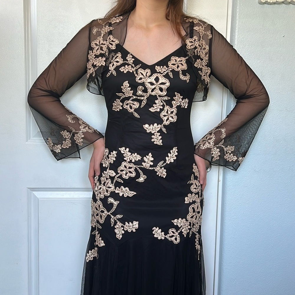XSCAPE Y2K two piece embroidered beaded black evening dress 10 sheer bolero